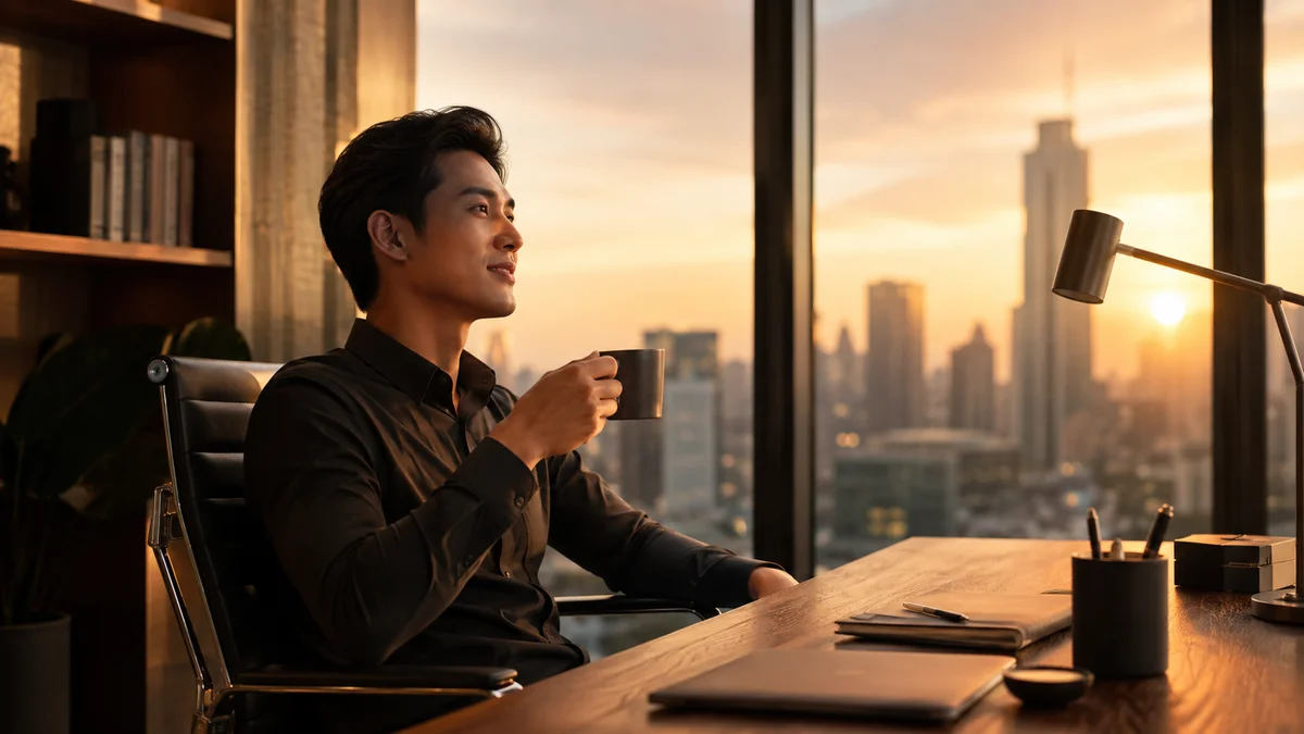 Không gian làm việc sáng tạo hiện đại lúc hoàng hôn với nhân viên tư vấn khách hàng chuyên nghiệp