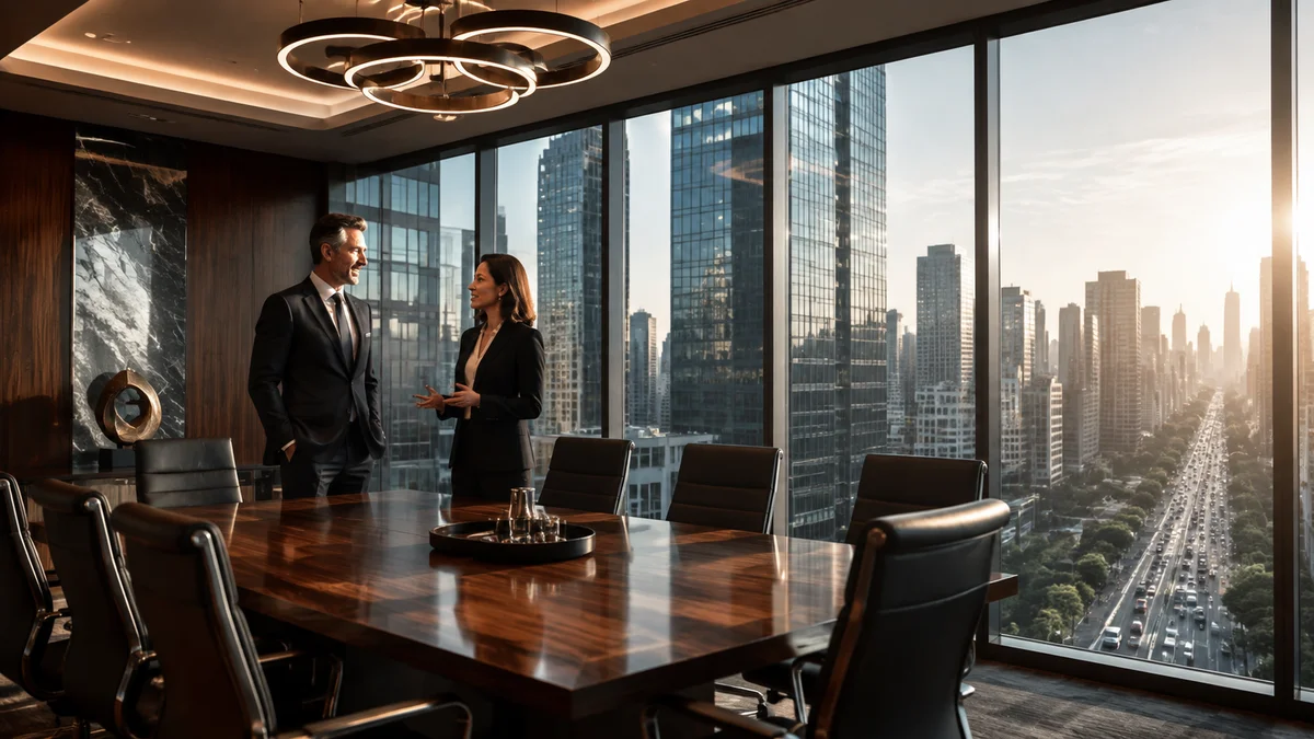 Buổi họp chiến lược cấp cao tại phòng hội nghị sang trọng hướng nhìn toàn cảnh thành phố năng động