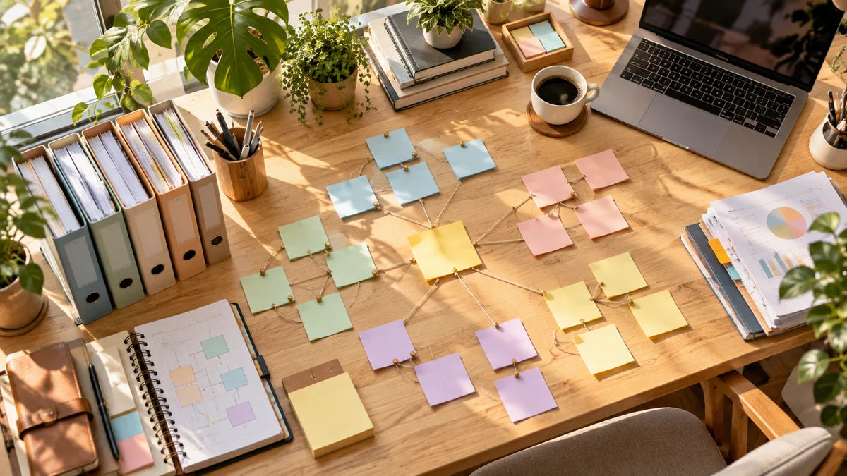 Bàn làm việc với các khối tài liệu kiến trúc nội dung và không gian tư duy chiến lược marketing