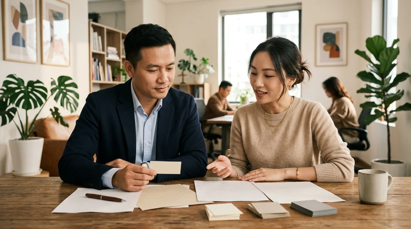 Chủ doanh nghiệp và chuyên viên marketing người Việt Nam xem xét các nội dung liên quan đến một chủ đề dịch vụ trung tâm.