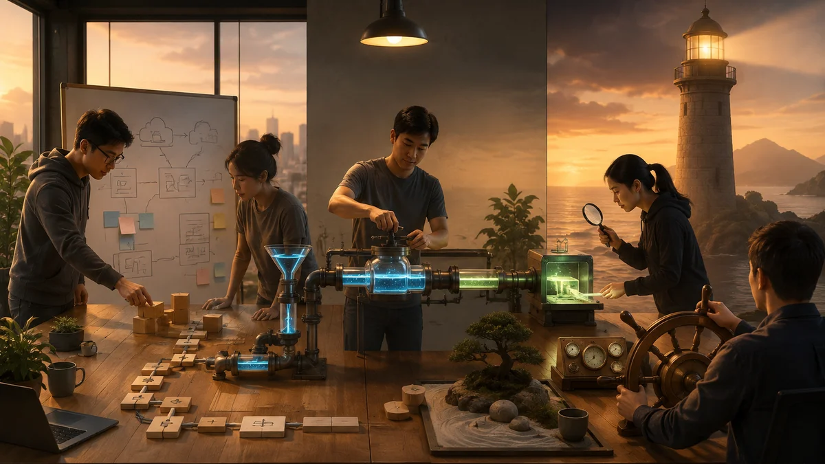Đội ngũ kỹ thuật tiến qua ba chặng cải tiến DevOps từ nền tảng đến vận hành ổn định.