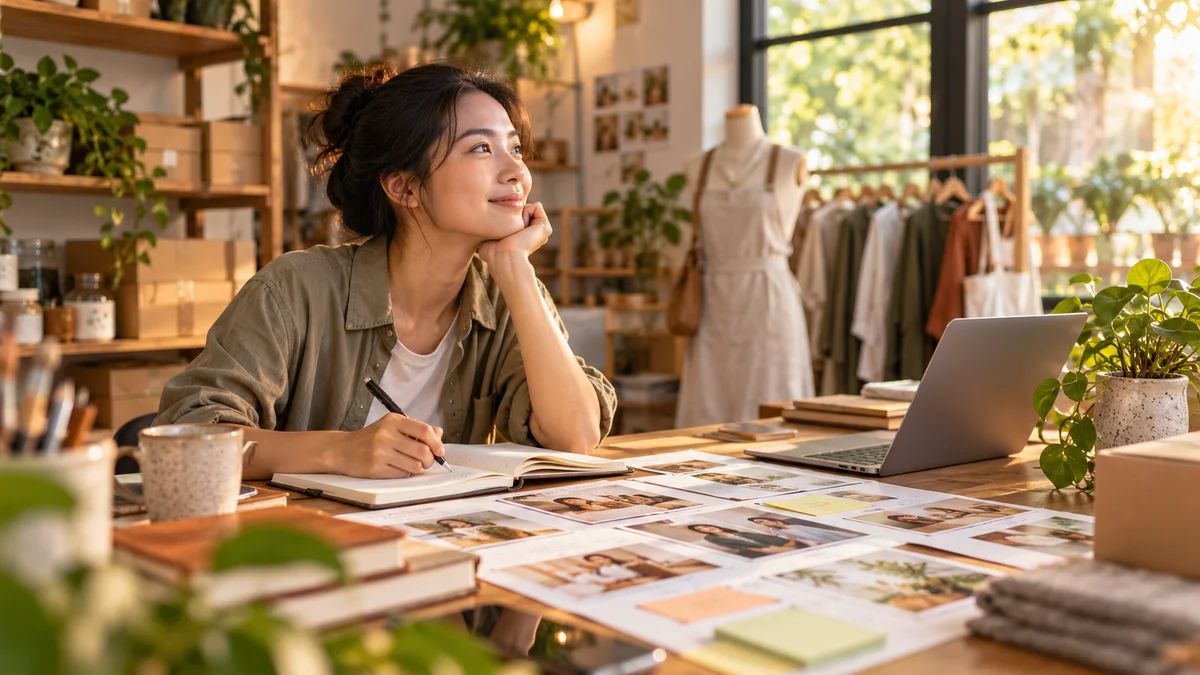 Chủ doanh nghiệp nhỏ và người phụ trách tiếp thị cùng thảo luận kế hoạch nội dung theo quý trong văn phòng làm việc.