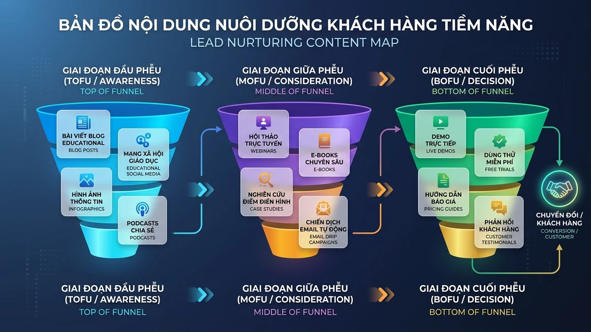 Ảnh minh họa Bản đồ nội dung nuôi dưỡng khách hàng tiềm năng theo từng tầng phễu