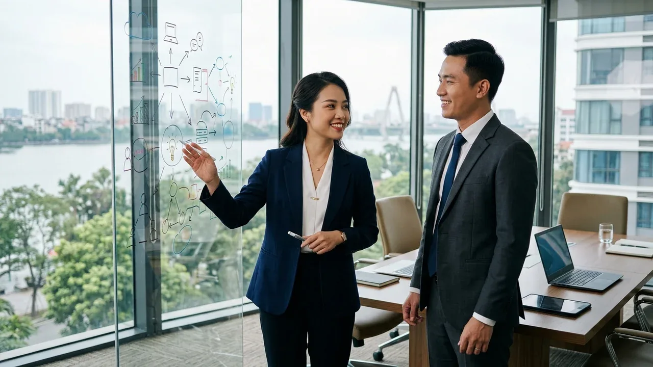 Nhà quản lý điều hành và chuyên viên tư vấn chiến lược người Việt Nam thảo luận phương án triển khai hệ thống AI tự chủ