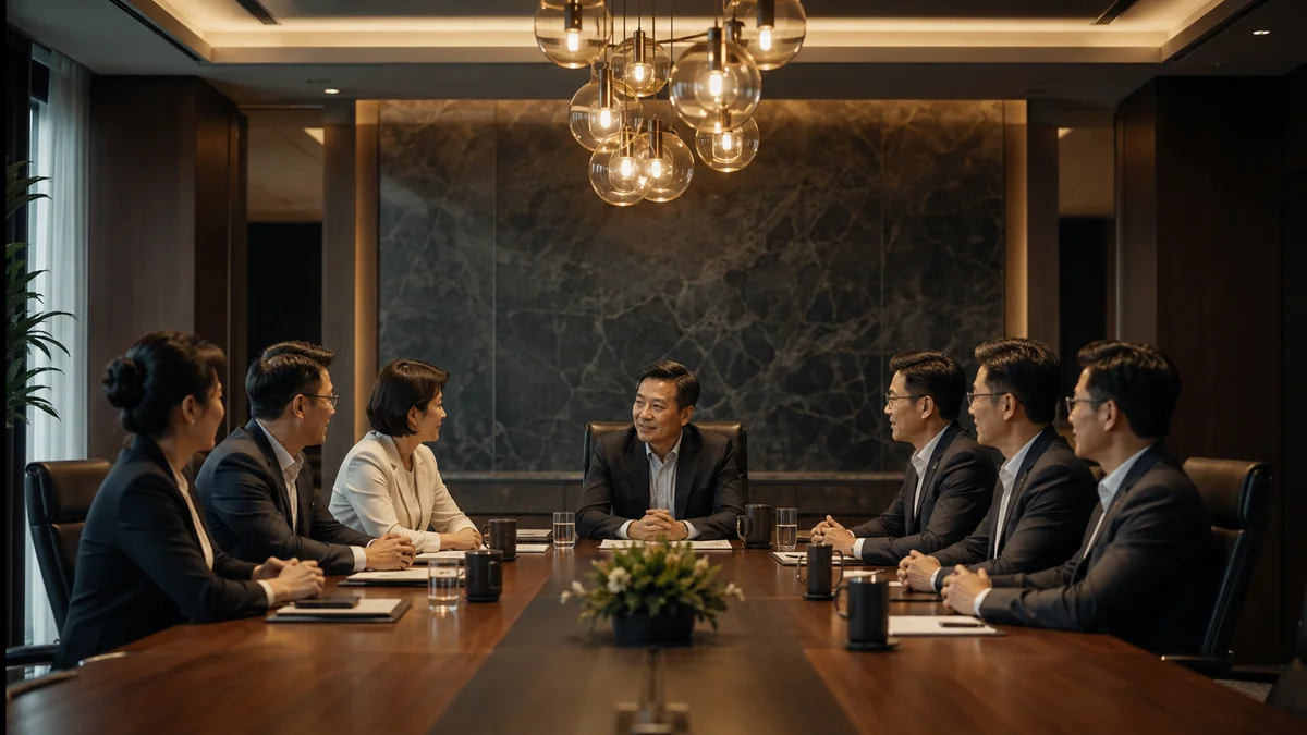 Cuộc họp chiến lược đánh giá năng lực nhân sự và hiệu quả đào tạo trong phòng hội đồng sang trọng